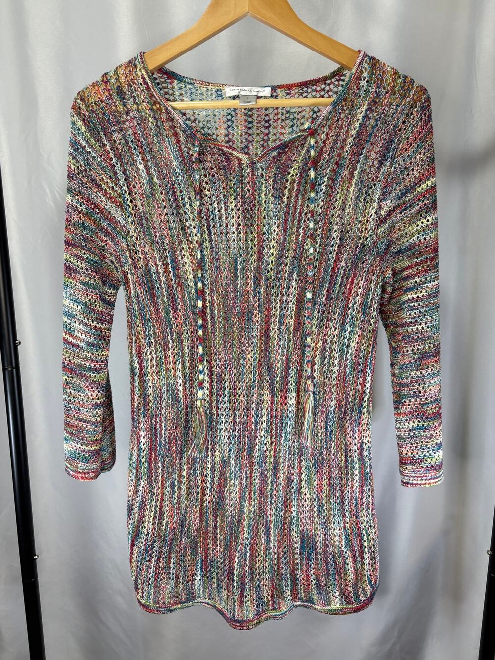 Christopher & Banks Women’s Small Multicolor Open Knit Tunic Sweater Tassel Tie
